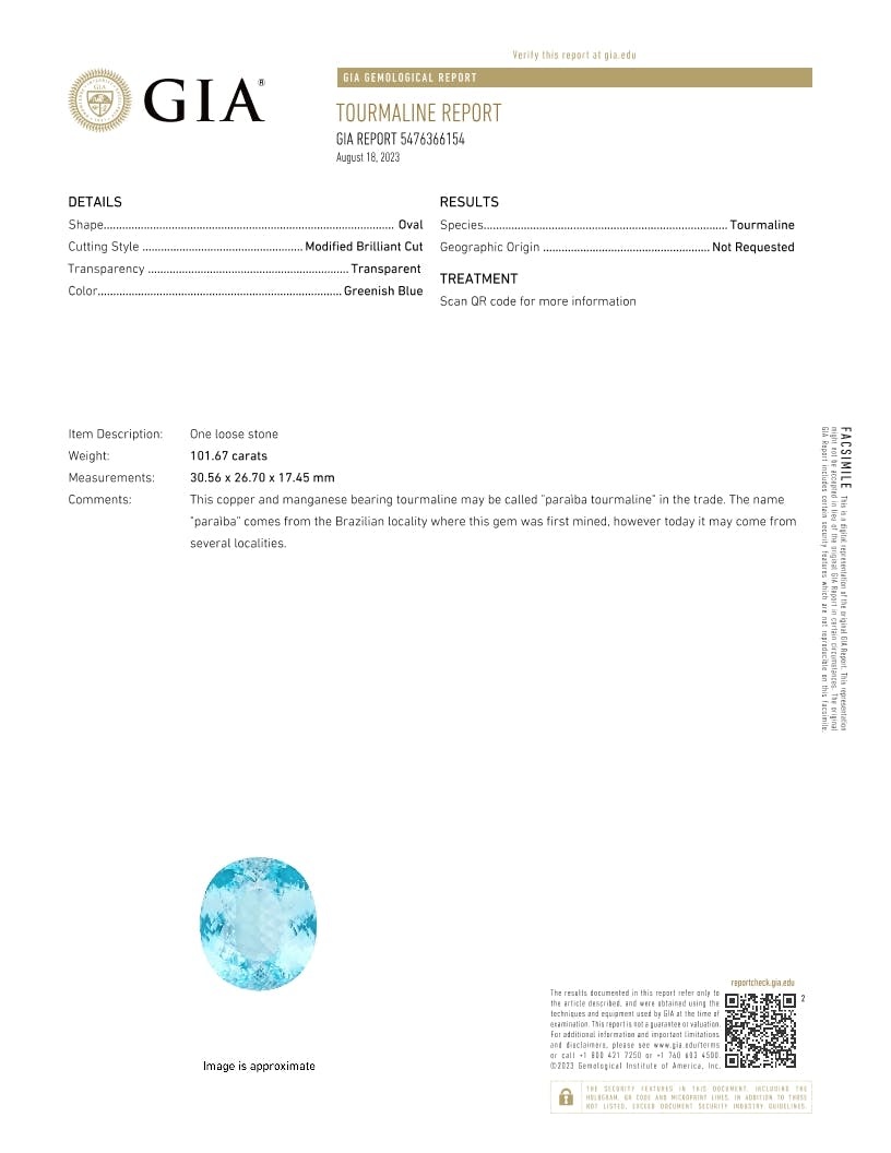 Paraiba Tourmaline 101.67 ct